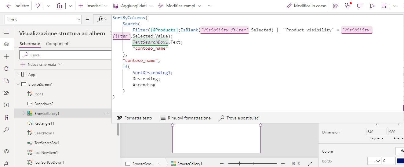 Screenshot della formula OnSelect della raccolta nel campo Elementi.