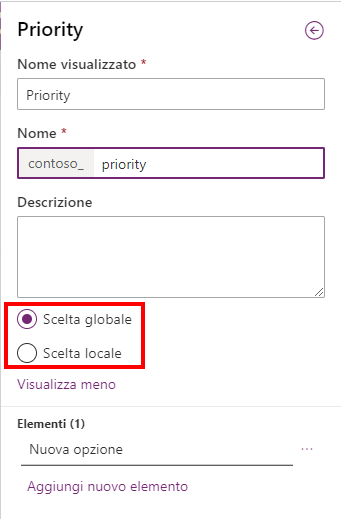 Screenshot delle proprietà della colonna di scelta nell'interfaccia del creatore, con le opzioni Scelta globale e Scelta locale evidenziate.
