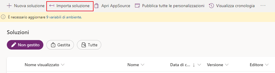 Screenshot del pulsante Importa soluzione in Power Apps.