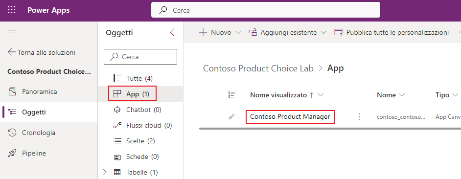 Screenshot della sezione Soluzioni > Contoso Product Choice Lab, che mostra l'applicazione Gestione prodotti Contoso evidenziata.