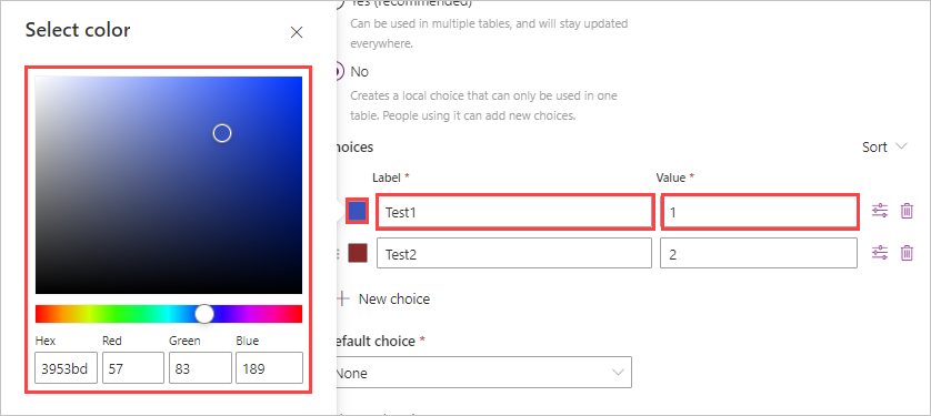 Screenshot che mostra i valori compilati per l'etichetta del campo di scelta e le proprietà del valore. Anche il campo delle opzioni del colore con le opzioni di immissione del colore evidenziate.