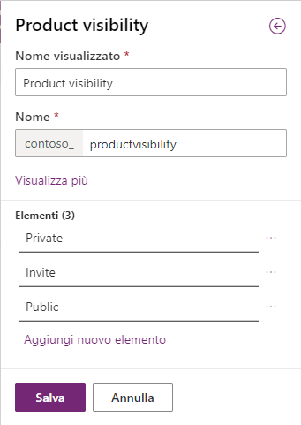Screenshot degli elementi Scelta in Power Apps.