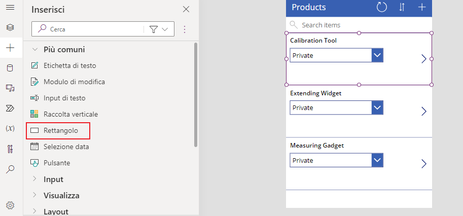 Screenshot di Inserisci selezionato e dell'opzione Rettangolo evidenziata.
