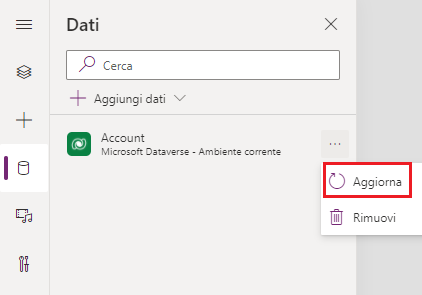 Screenshot di una voce di menu Aggiorna in un menu a comparsa per una tabella Dataverse. Il menu viene richiamato selezionando i puntini di sospensione accanto alla tabella.