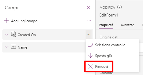 Screenshot del pulsante Rimuovi selezionato dall'elenco a discesa della colonna Created On.