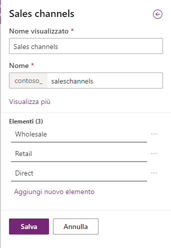 Screenshot del pulsante Salva nella nuova colonna Choices Sales channels.