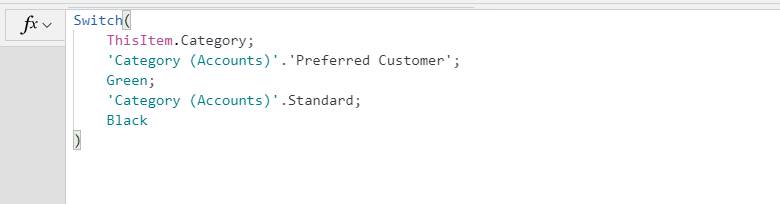 Screenshot della seguente formula Power Fx: Switch( ThisItem.Category, 'Category (Accounts)'.'Preferred Customer', Green, 'Category (Accounts)'.'Standard', Black. )