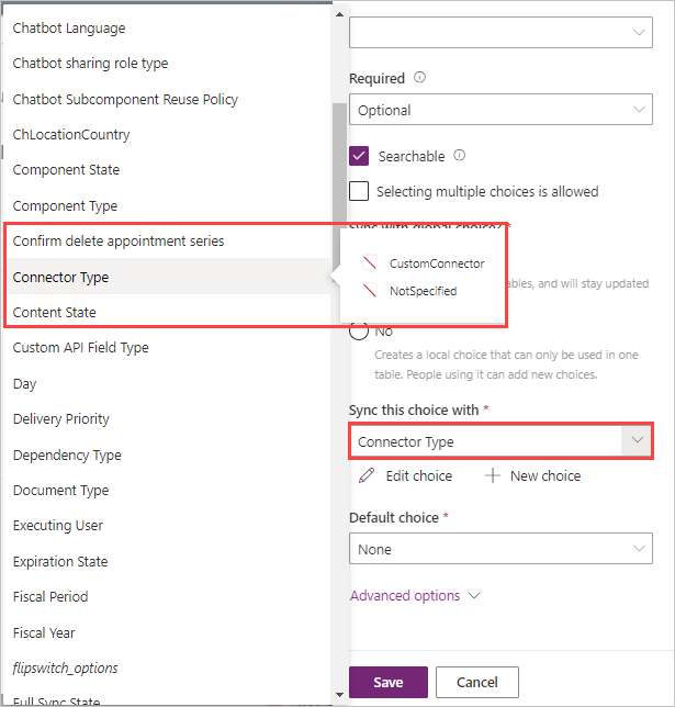 Screenshot del campo di immissione per Sincronizza questa scelta con e il riquadro popup con i valori di scelta mostrati al passaggio del mouse.