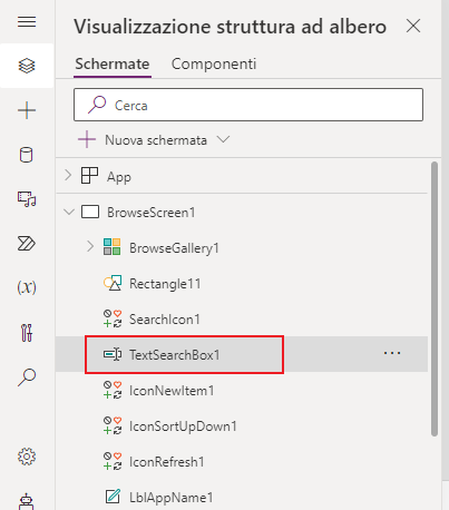 Screenshot del controllo TextSearchBox1 in Visualizzazione struttura ad albero in Power Apps.