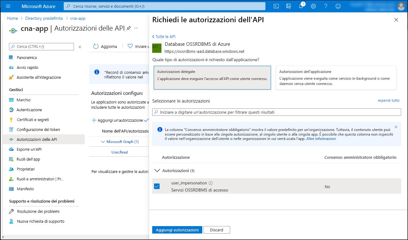 Screenshot of the Request API permissions blade in the Azure portal, with the Delegated permissions option selected.