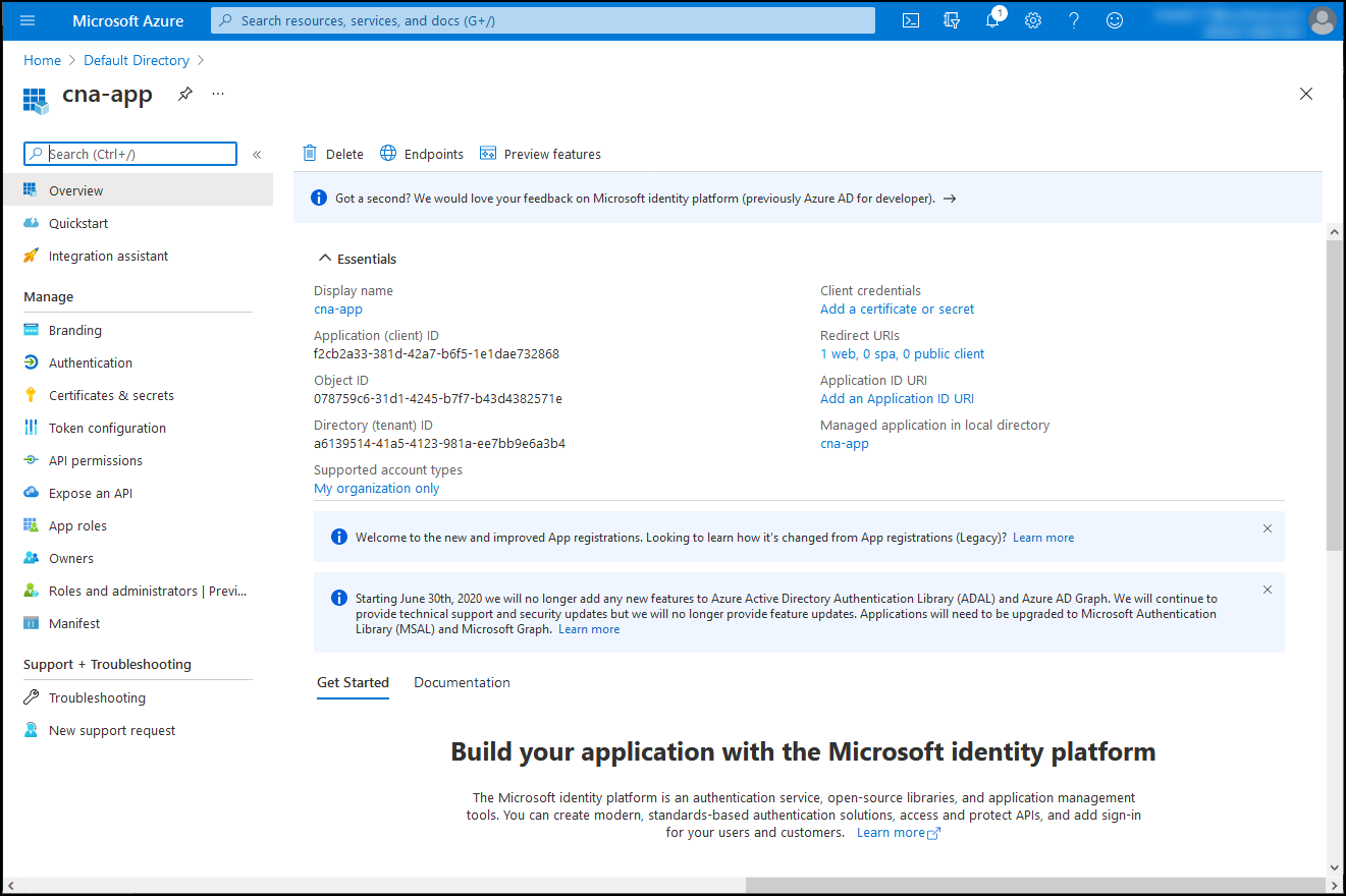 Screenshot of the cna-app blade in the Azure portal.