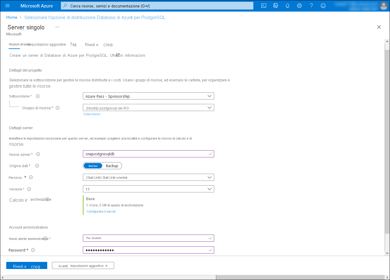 Screenshot of the Basics tab of the server blade in the Azure portal.