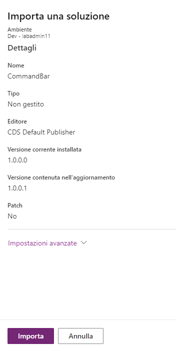 Screenshot che mostra la finestra di dialogo Importa soluzione.