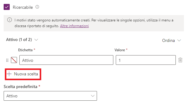 Screenshot che mostra il pulsante Aggiungi nuova scelta.