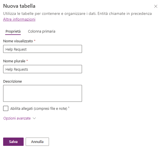 Screenshot che mostra la finestra di dialogo Crea nuova tabella.