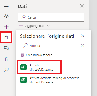 Screenshot che mostra la finestra di dialogo Aggiungi dati.