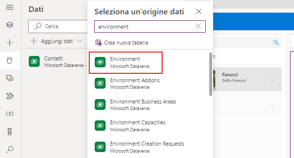 Screenshot che mostra il connettore Ambiente.