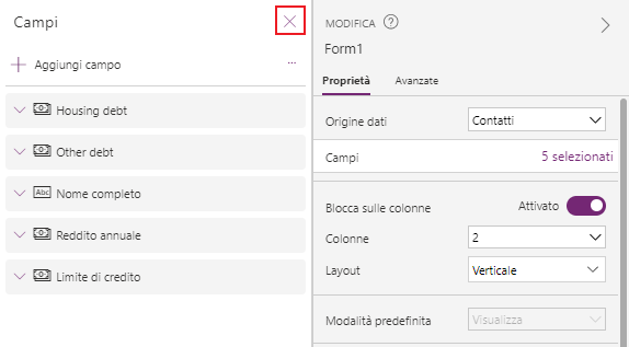 Screenshot che mostra il riquadro Campi.