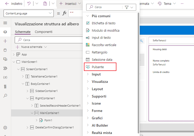Screenshot che mostra la finestra di dialogo Inserisci pulsante.