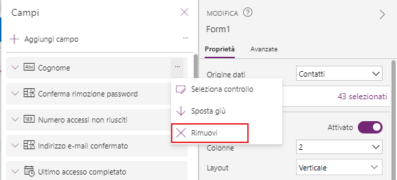 Screenshot che mostra il pulsante Rimuovi campo.