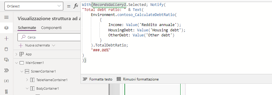 Screenshot che mostra l'espressione dell'indice di indebitamento totale.