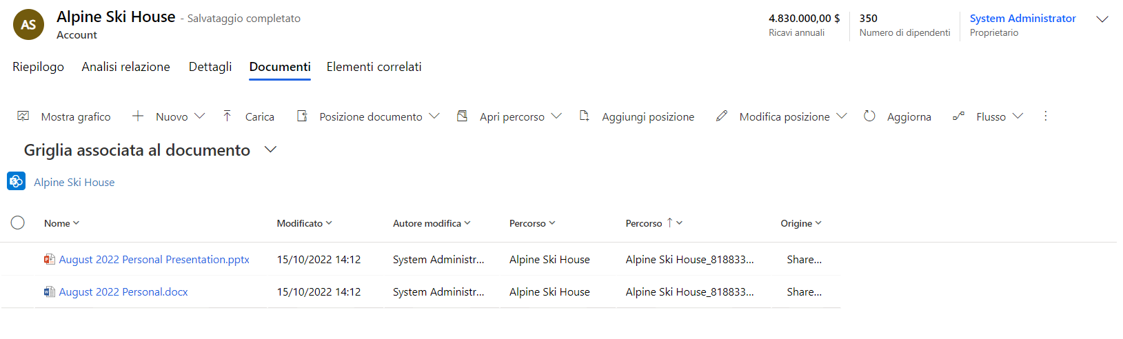 Screenshot che mostra un account in Dynamics 365 con la griglia associata al documento visualizzata per quell'account.