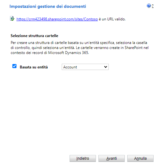 Screenshot dell'impostazione Selezione struttura cartelle con la casella di controllo Basata su entità selezionata e l'entità Account selezionata nel menu a discesa.