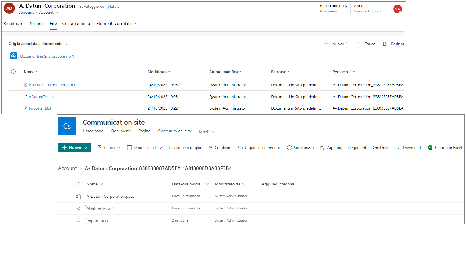 Screenshot di un elenco di documenti associati a un account in Dynamics 365 e in SharePoint.