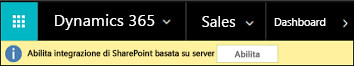 Screenshot del testo del banner che mostra Abilita integrazione di SharePoint basata su server con un pulsante Abilita ora.