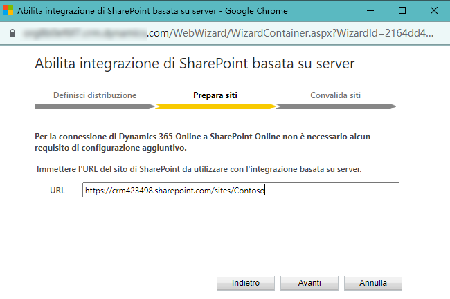 Screenshot di una finestra che mostra Abilita integrazione di SharePoint basata su server, nel passaggio Prepara siti.