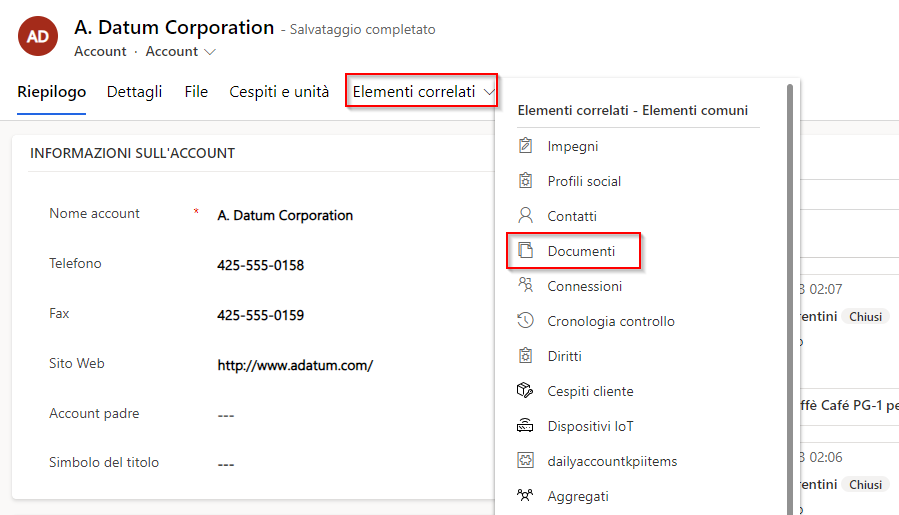 Screenshot della pagina Account in Dynamics 365, che mostra una scheda Correlati in cui un menu a discesa ha un'opzione per selezionare Documenti.
