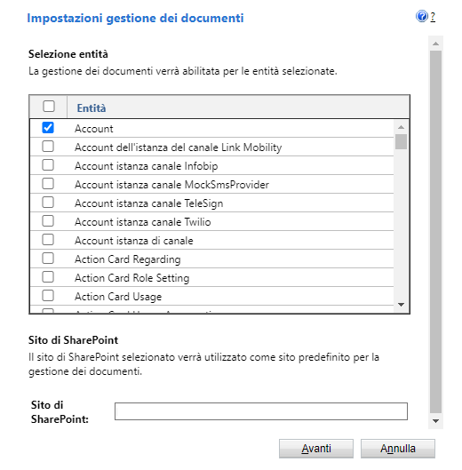 Screenshot della schermata Impostazioni gestione dei documenti con l'opzione per specificare le tabelle per abilitare la gestione dei documenti.