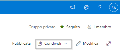 Screenshot del pulsante Condividi in SharePoint.