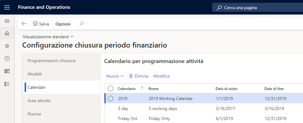 Screenshot della pagina Configurazione chiusura periodo finanziario che mostra la Scheda dettaglio Calendari.