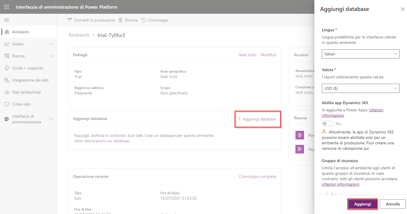 Screenshot del pulsante Aggiungi nel riquadro Aggiungi database.