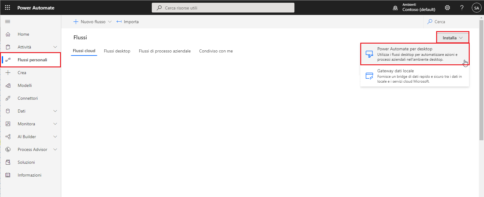 Screenshot della funzionalità Installa Power Automate per desktop.