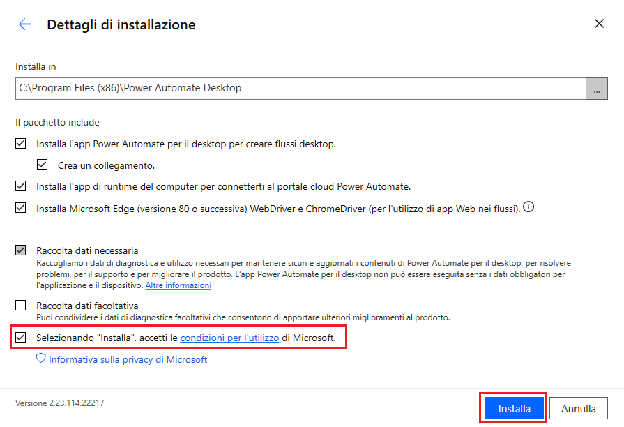 Screenshot dei dettagli di installazione e del pulsante Installa.