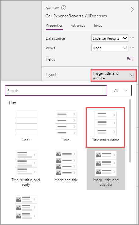 Screenshot del menu a discesa Layout con l'opzione Titolo e sottotitolo evidenziata.