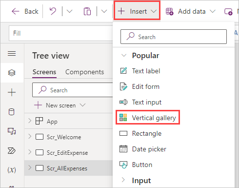 Screenshot della scheda Inserisci con il menu a discesa Raccolta selezionato e l'opzione Verticale evidenziata.