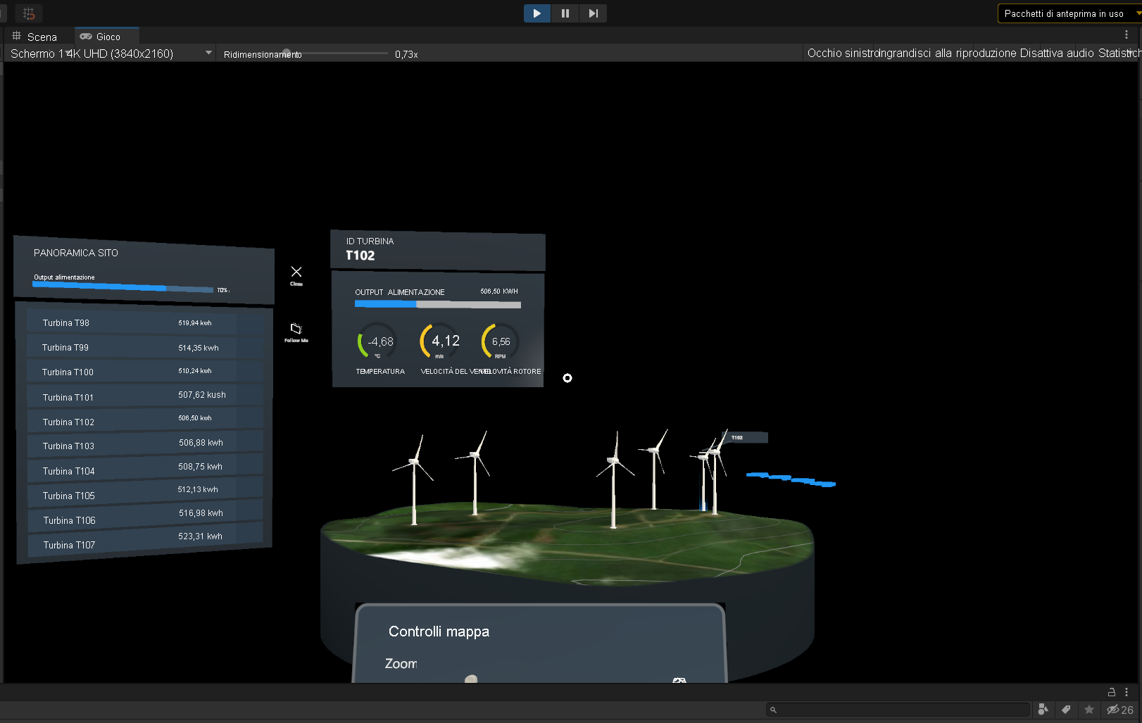 Screenshot dell'editor di Unity in modalità di riproduzione con il simulatore di dispositivi in esecuzione.