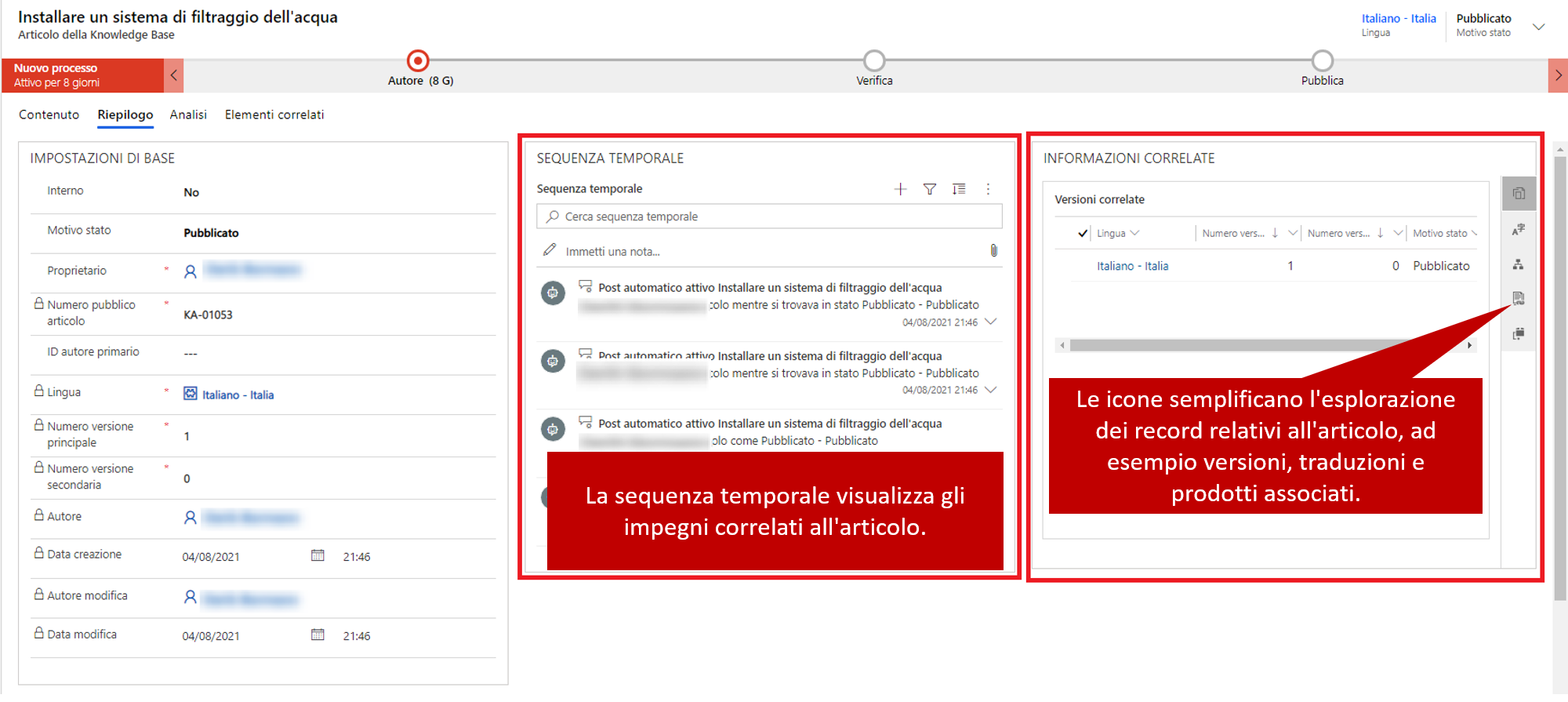 Screenshot della scheda Riepilogo con i riquadri Sequenza temporale e Informazioni correlate evidenziati.