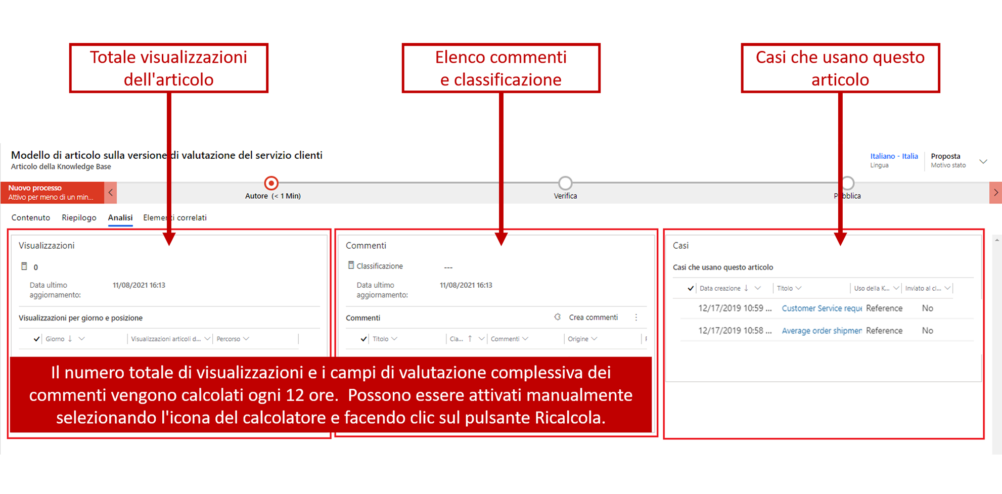 Screenshot delle sezioni Viste, Commenti e Casi.