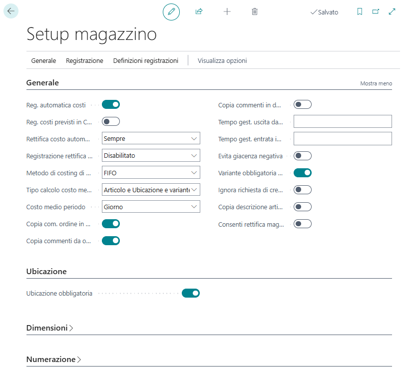 Screenshot che mostra la pagina Setup magazzino.