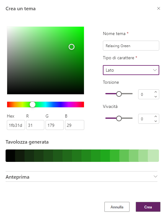 Screenshot della finestra di dialogo Crea un tema.