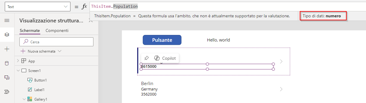 Screenshot delle voci di menu della raccolta per la proprietà Text.