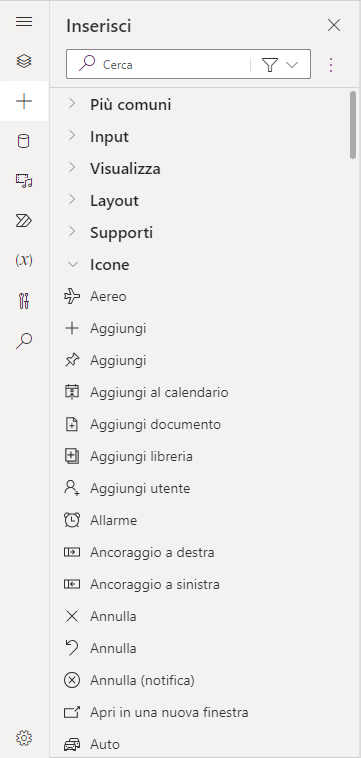 Screenshot delle opzioni del menu Icone.