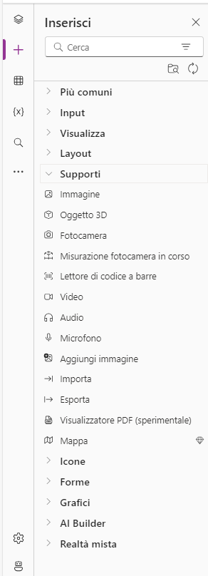 Screenshot del menu dei controlli Elementi multimediali.