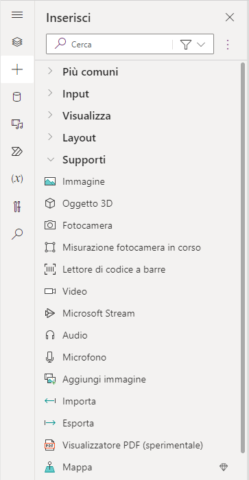 Screenshot delle opzioni del menu Elementi multimediali.