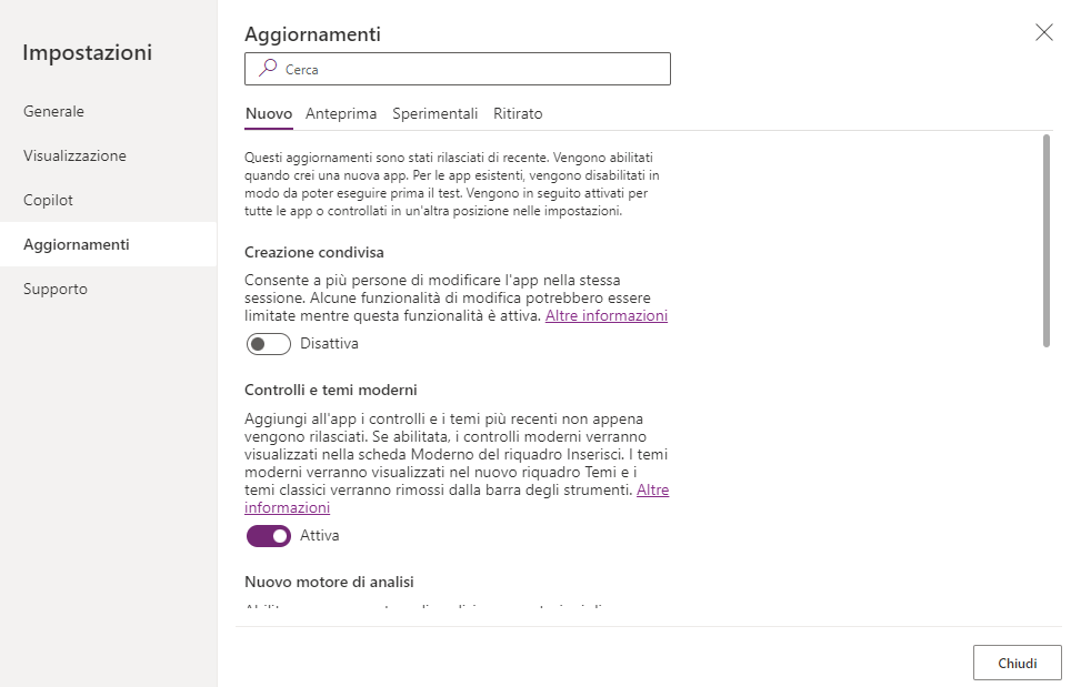 Screenshot del menu Aggiornamenti in Impostazioni.