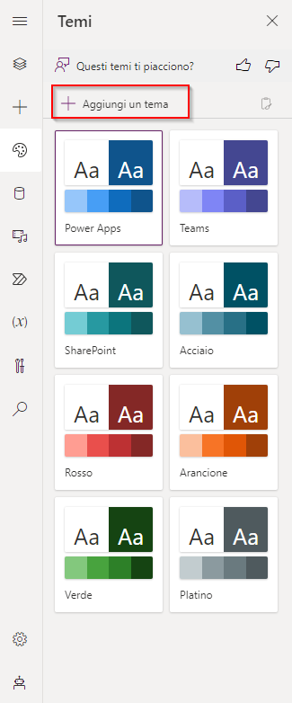 Screenshot del riquadro Temi con il pulsante Aggiungi un tema evidenziato.